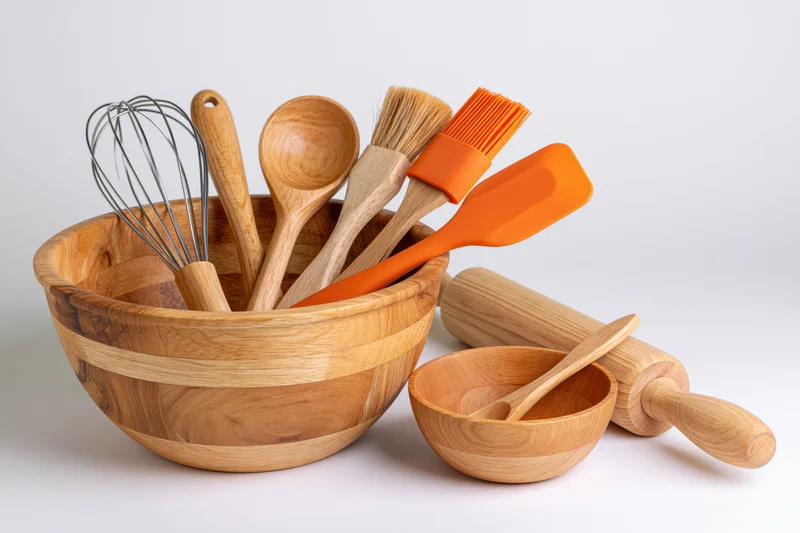 Wooden kitchen baking tools arranged in a bowl with rolling pin and small bowl beside on white background