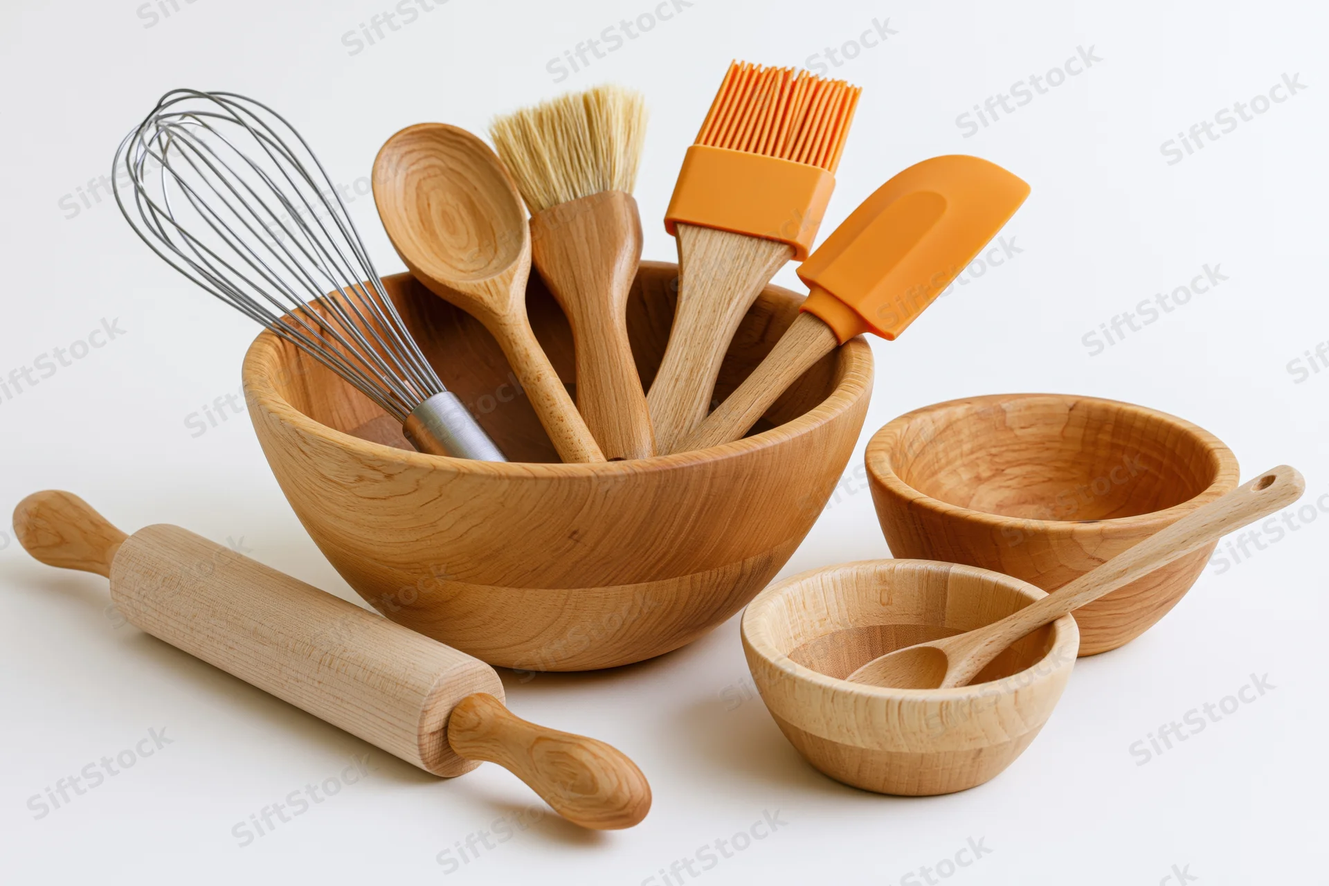 Wooden baking tools arranged in bowls with a rolling pin on white background
