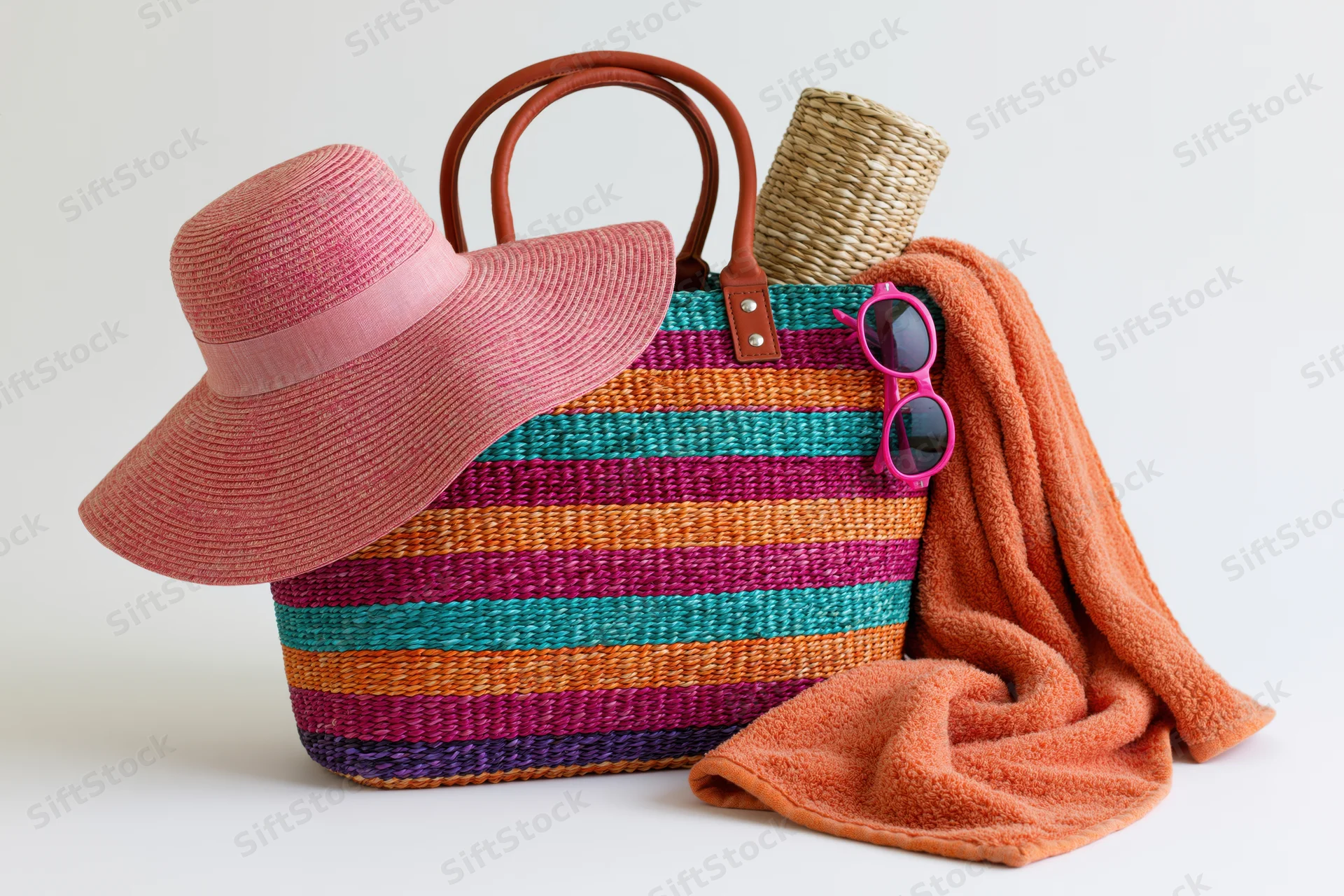 Colorful striped woven straw beach bag with leather handles, pink sunhat, sunglasses and orange towel arranged on white background