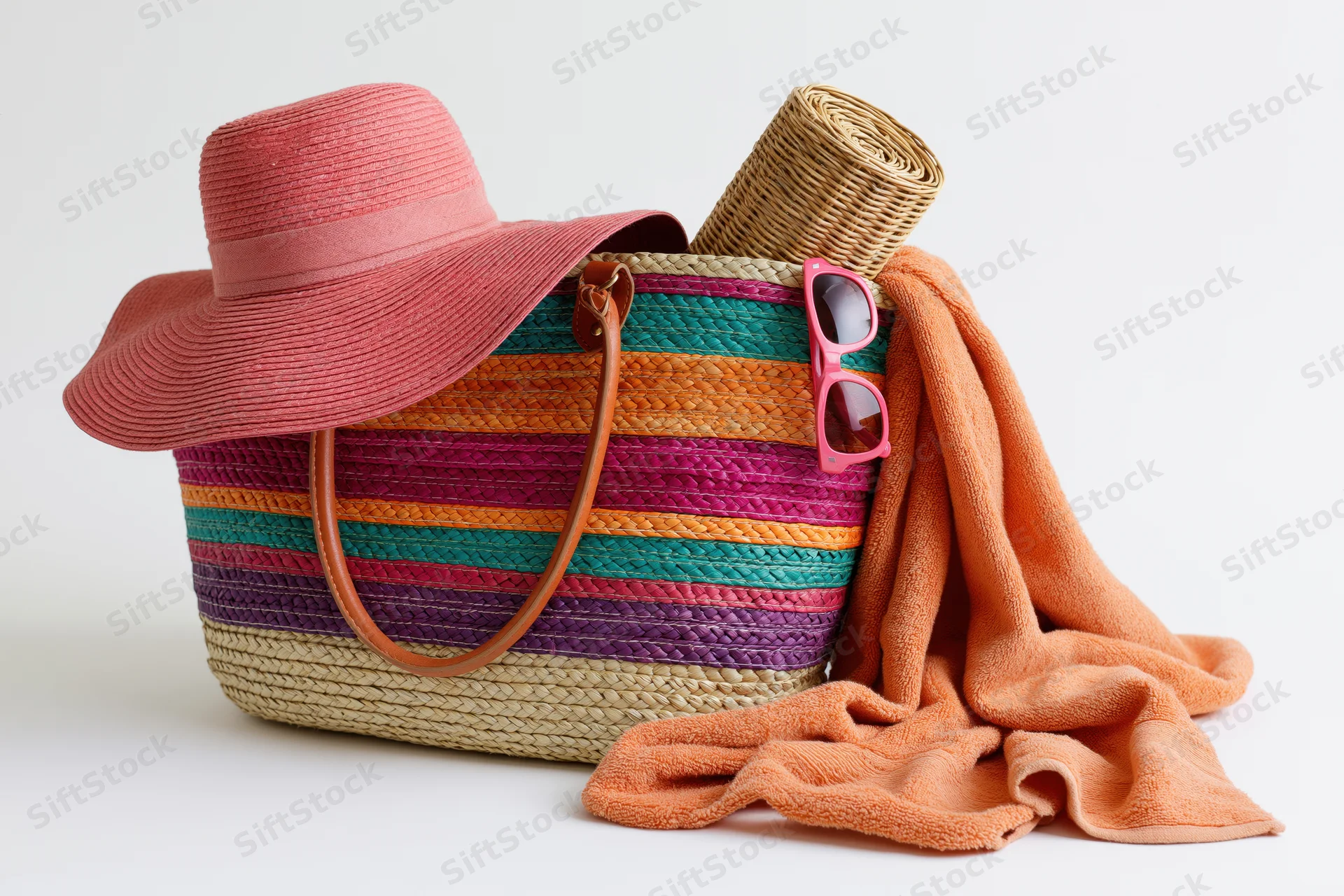 Colorful striped woven straw beach bag with leather handles, pink sunhat, sunglasses and orange towel arranged on white background