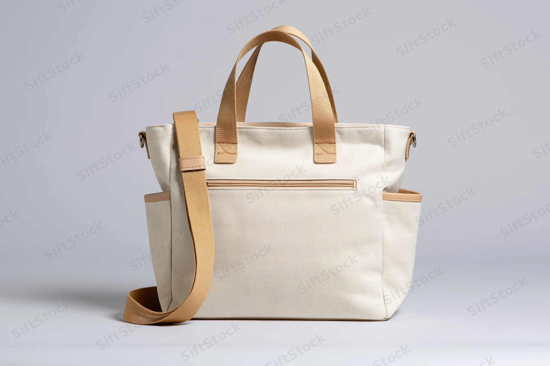 Cream canvas tote bag with front zip pocket and open side pockets on white background