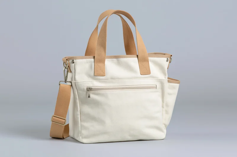 Cream canvas tote bag with front zip pocket and side pocket on plain background