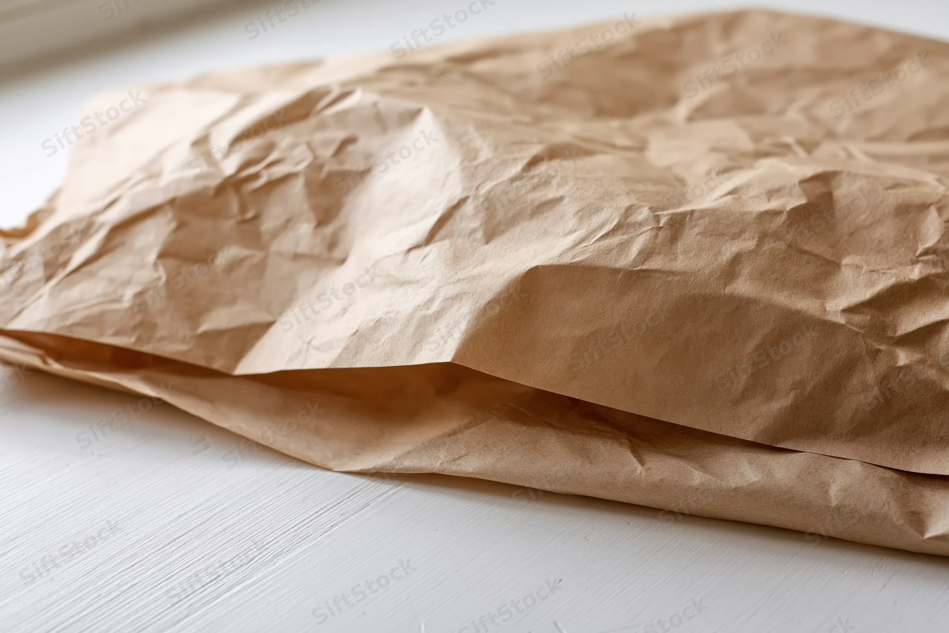 Crumpled brown kraft paper sheets lying flat on a white surface