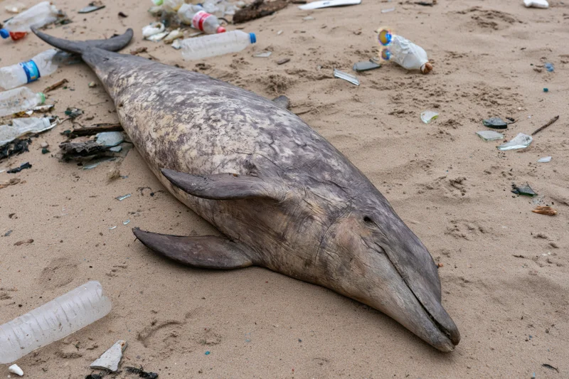 Dead dolphin lying on sandy beach surrounded by plastic waste and debris