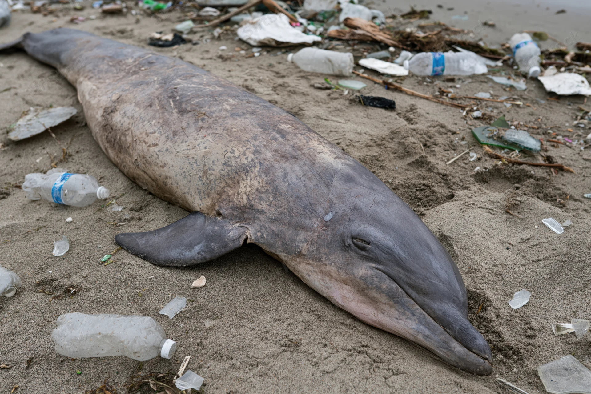 Dead dolphin lying on littered beach surrounded by plastic waste