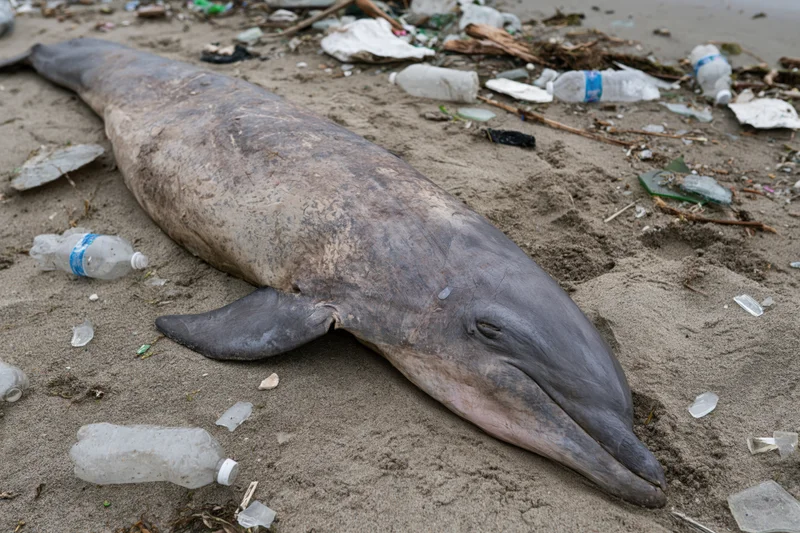 Dead dolphin lying on littered beach surrounded by plastic waste