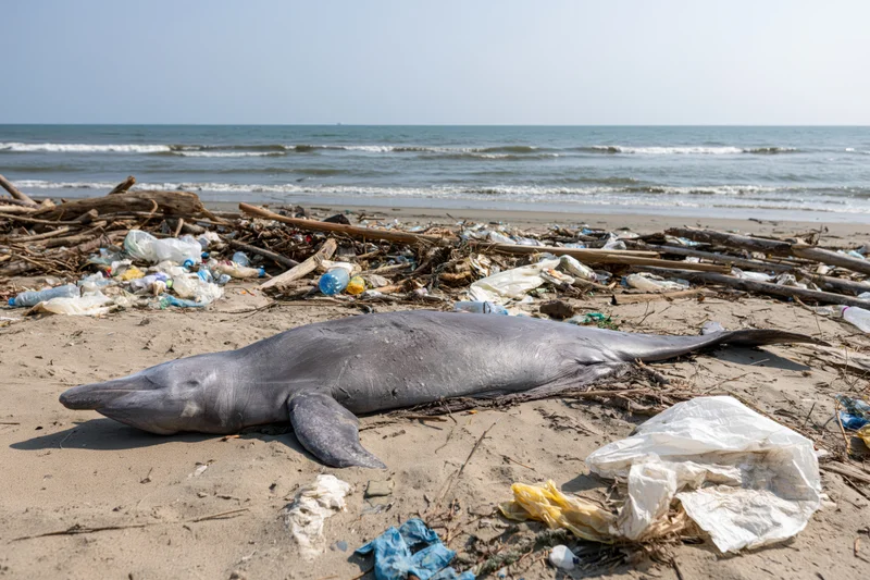 Dead dolphin lying on a littered beach surrounded by plastic waste and driftwood near the ocean