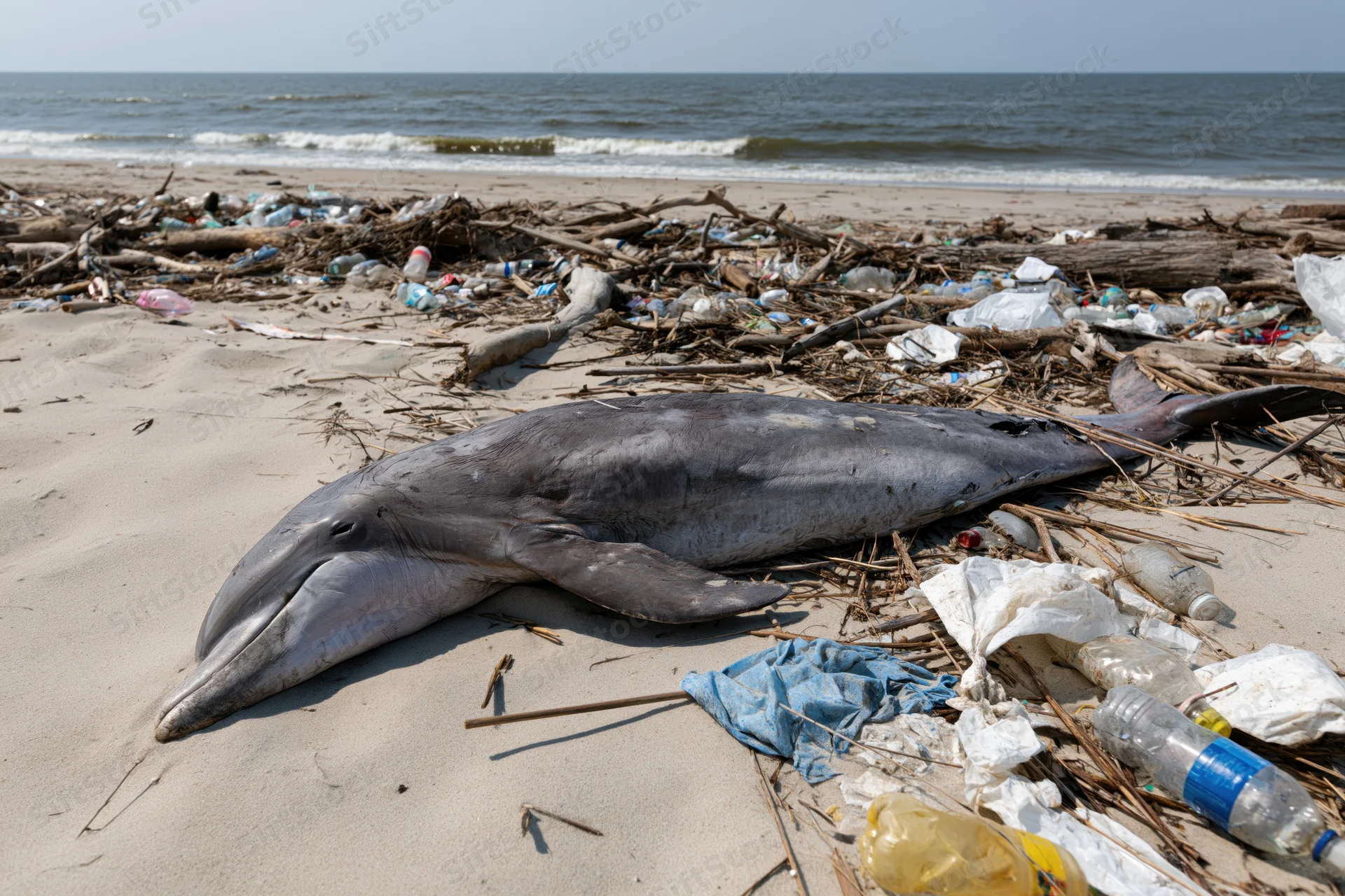 Dead dolphin lying on a littered beach surrounded by plastic waste and debris near the ocean shore