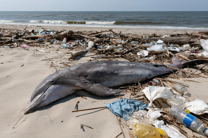 Dead dolphin lying on a littered beach surrounded by plastic waste and debris near the ocean shore