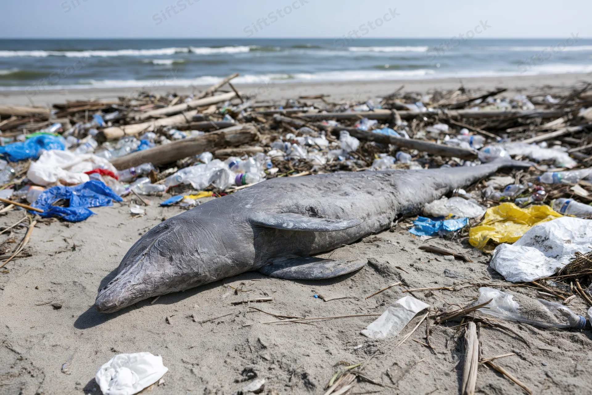 Dead dolphin lying on a littered beach covered in plastic waste and debris near the ocean
