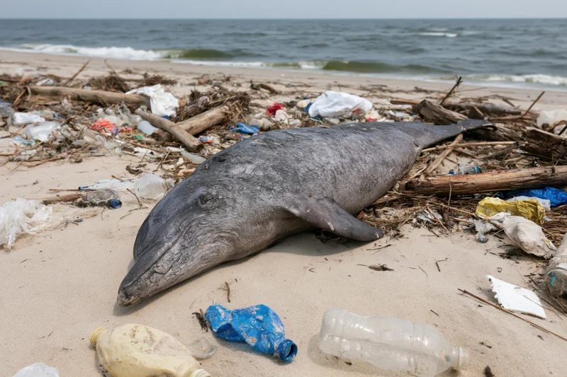 Dead dolphin lying on a littered beach surrounded by plastic waste and debris near the ocean