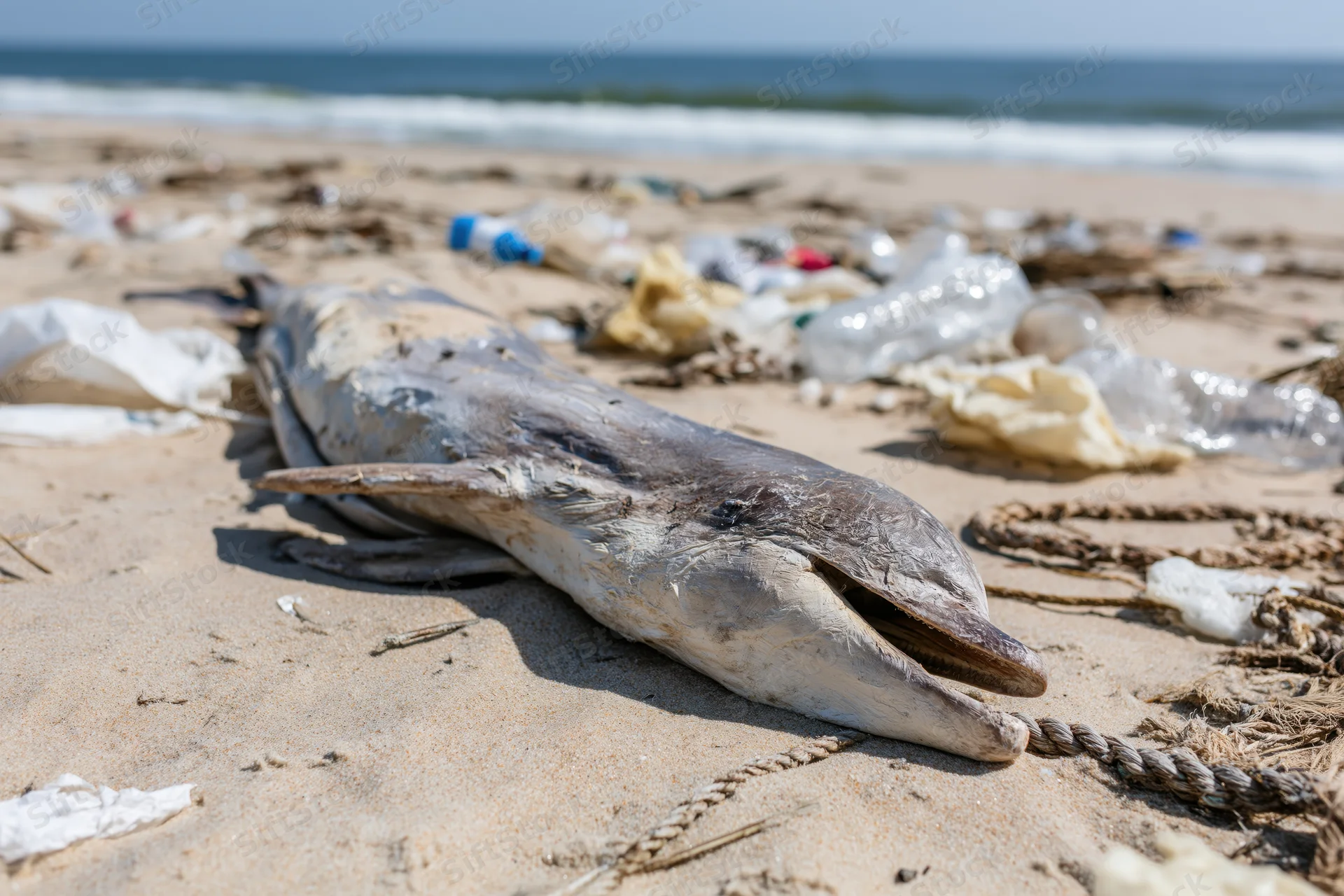 Dead dolphin lying on sandy beach among scattered plastic waste and fishing debris near ocean waves
