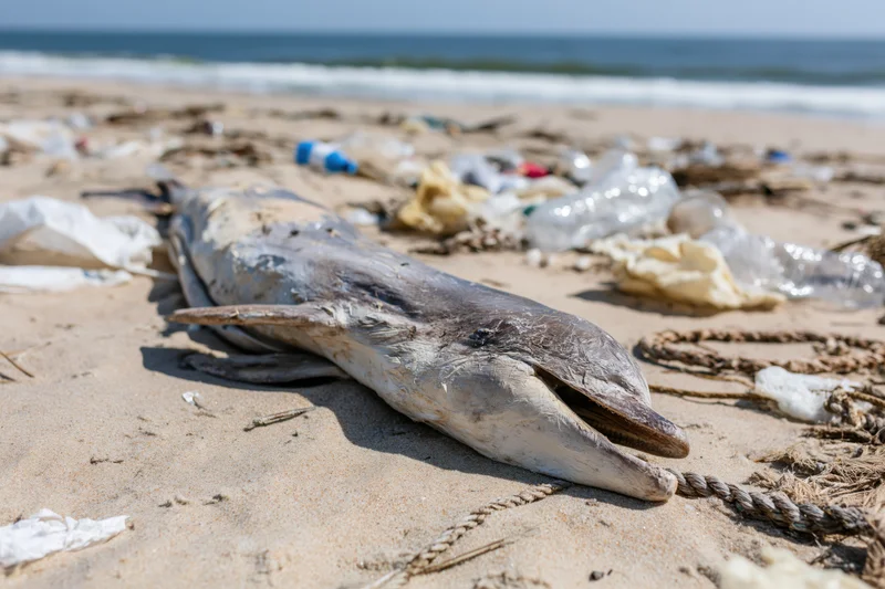 Dead dolphin lying on sandy beach among scattered plastic waste and fishing debris near ocean waves