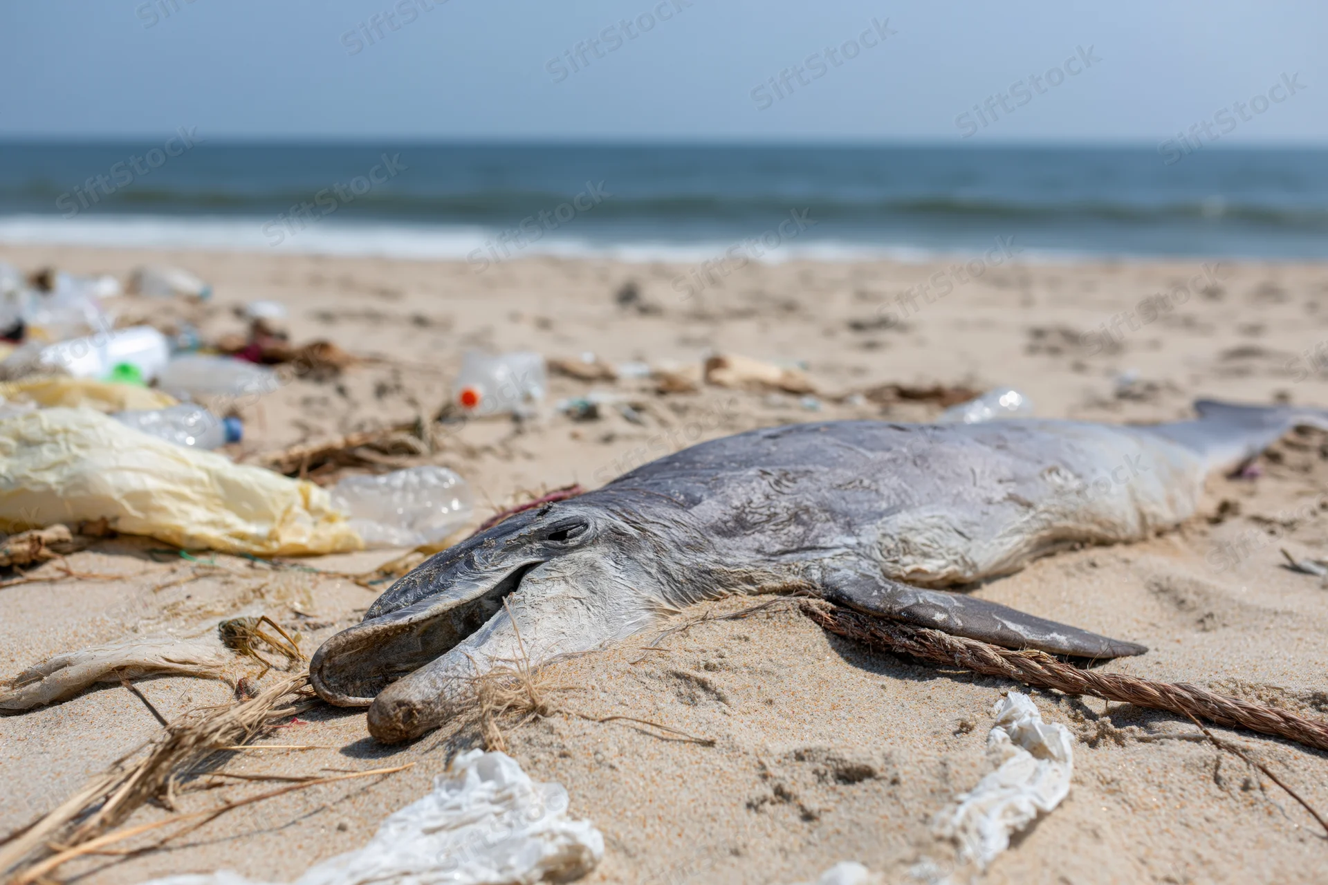 Dead dolphin lying on sandy beach among scattered plastic waste and debris near ocean