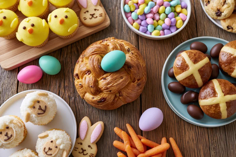 Easter dessert spread with hot cross buns, dyed eggs, and animal-themed pastries on a rustic wooden table