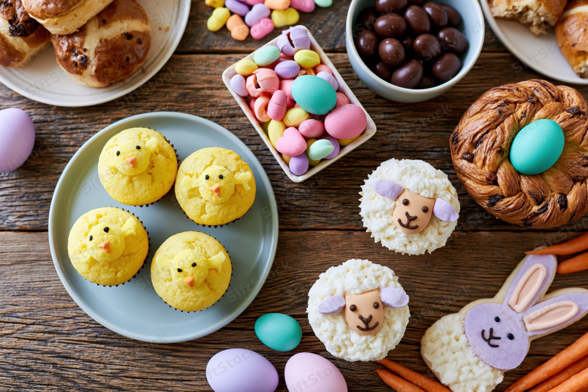 Easter dessert spread with chick and sheep cupcakes, chocolate eggs, and pastel candies on a rustic wooden table