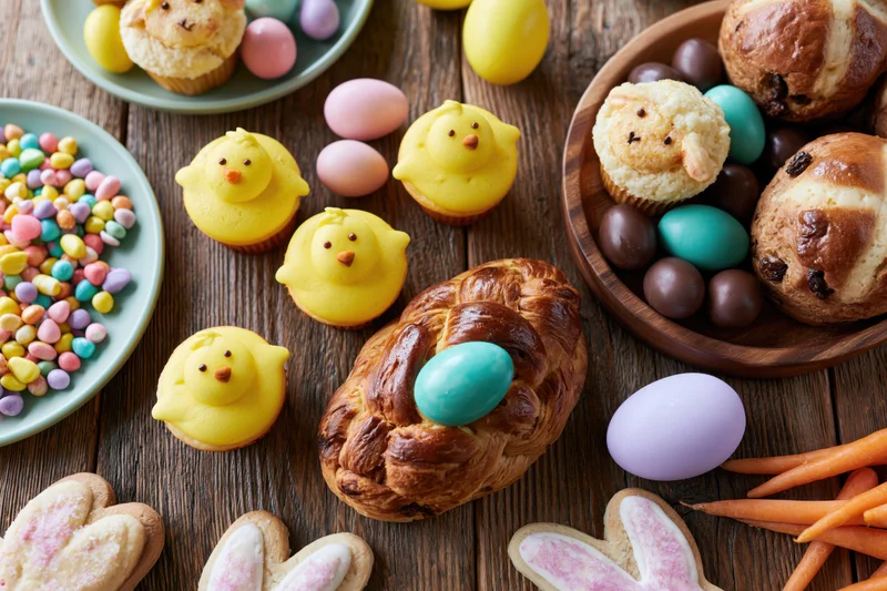 Easter dessert spread with baked goods and colorful eggs on a rustic wooden table