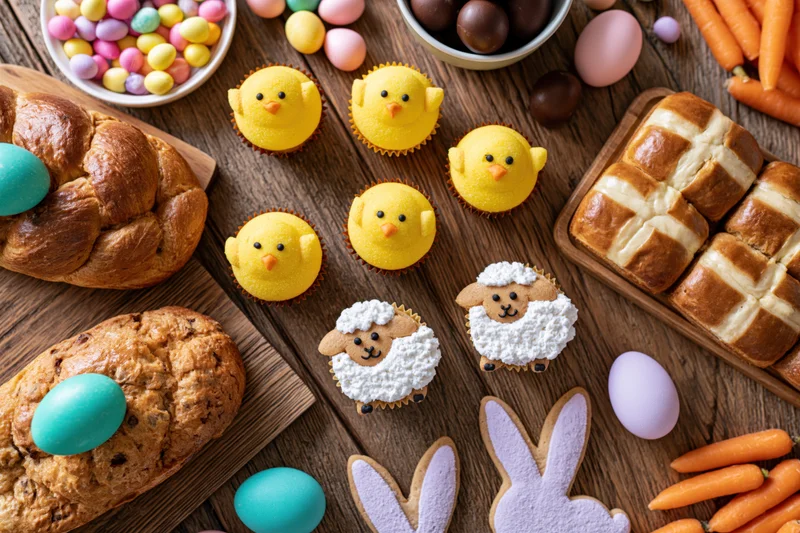 Easter dessert and food spread on a rustic wooden table