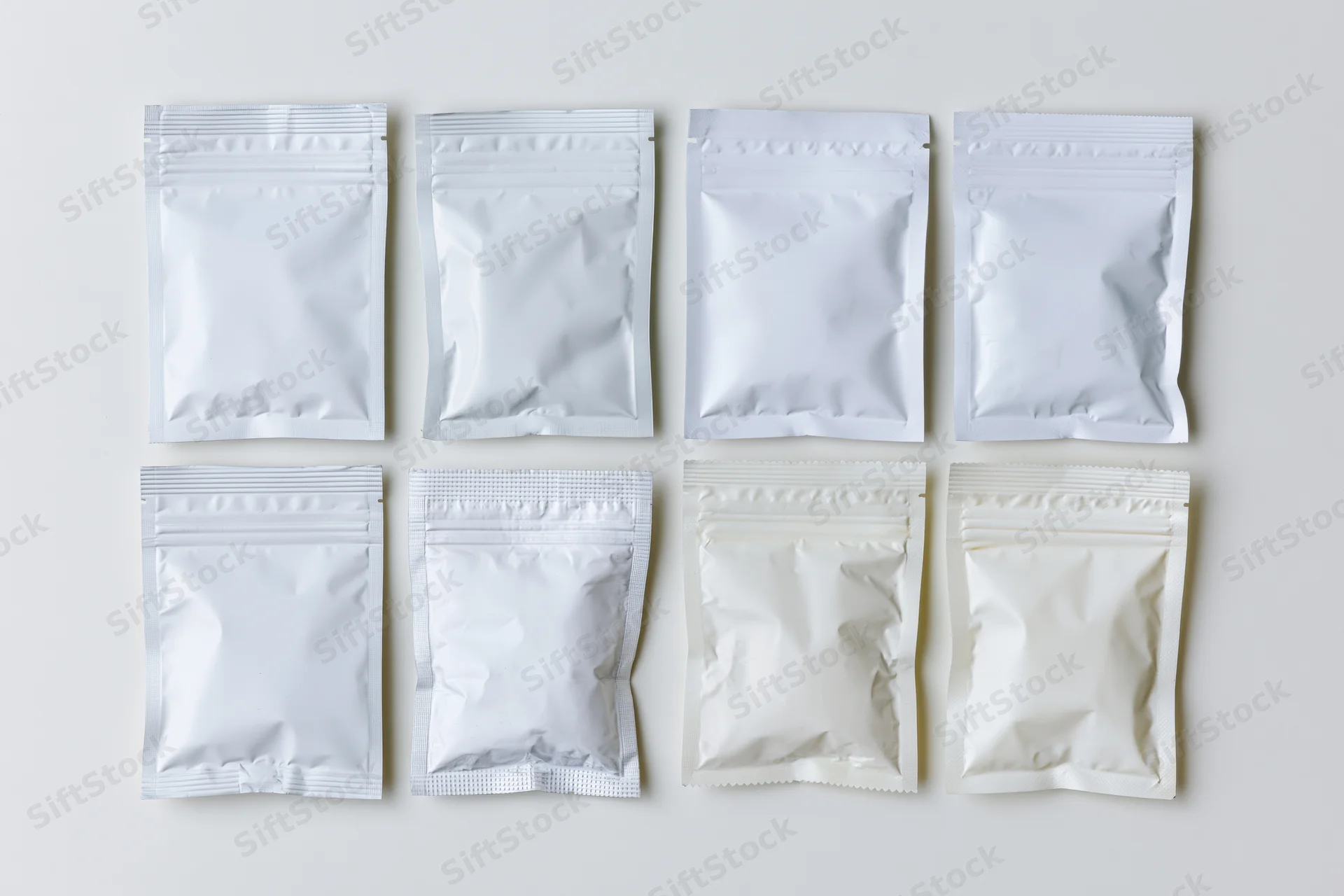 Eight blank white foil and plastic snack pouches arranged in two rows on a plain surface