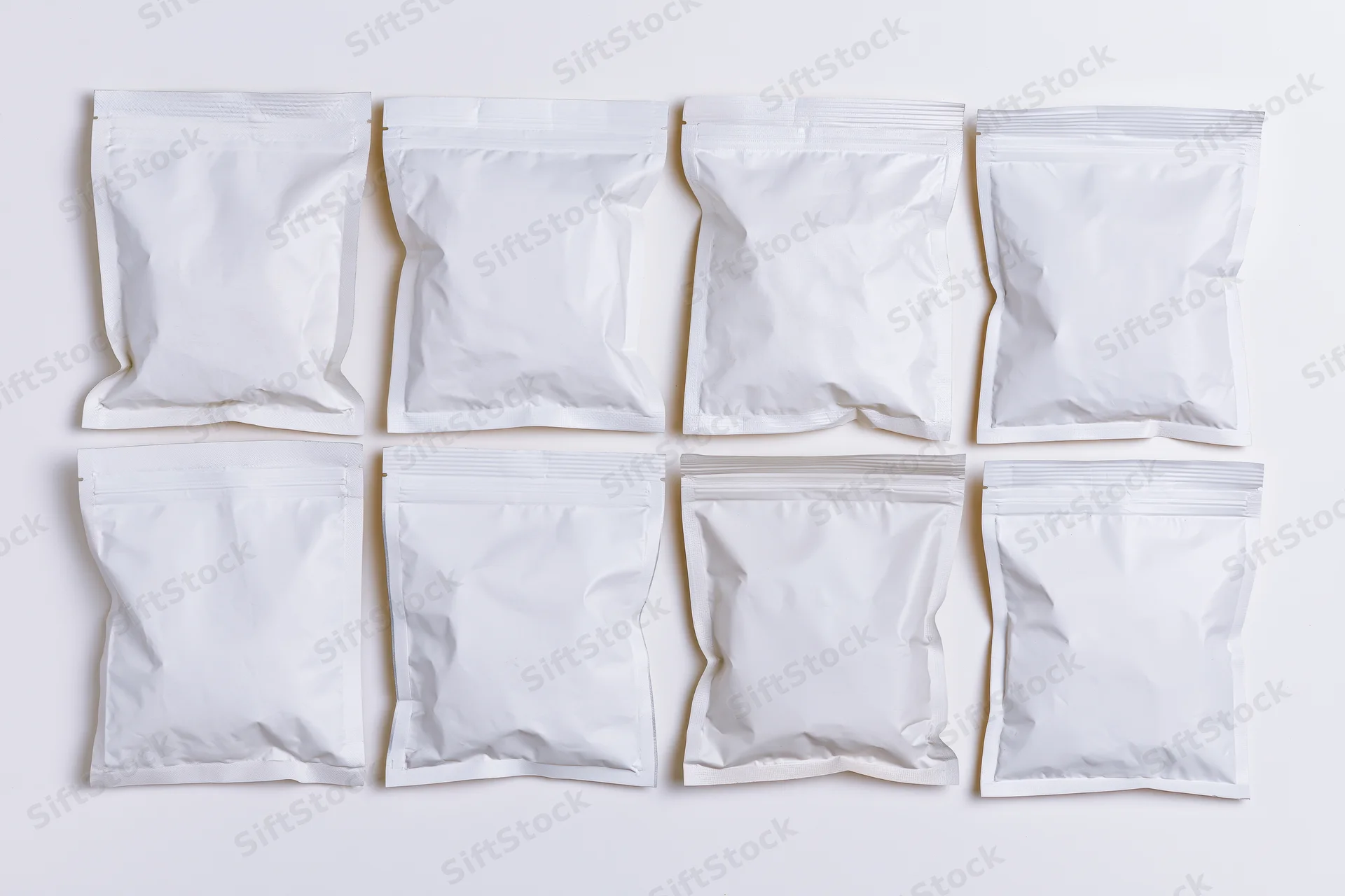 Eight blank white resealable snack pouches arranged in two rows on a white surface