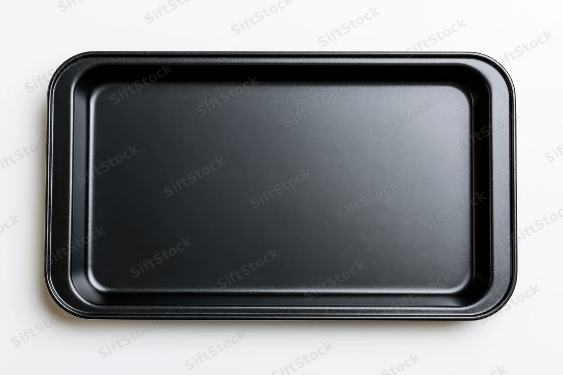 Empty black nonstick baking tray viewed from directly above on white surface