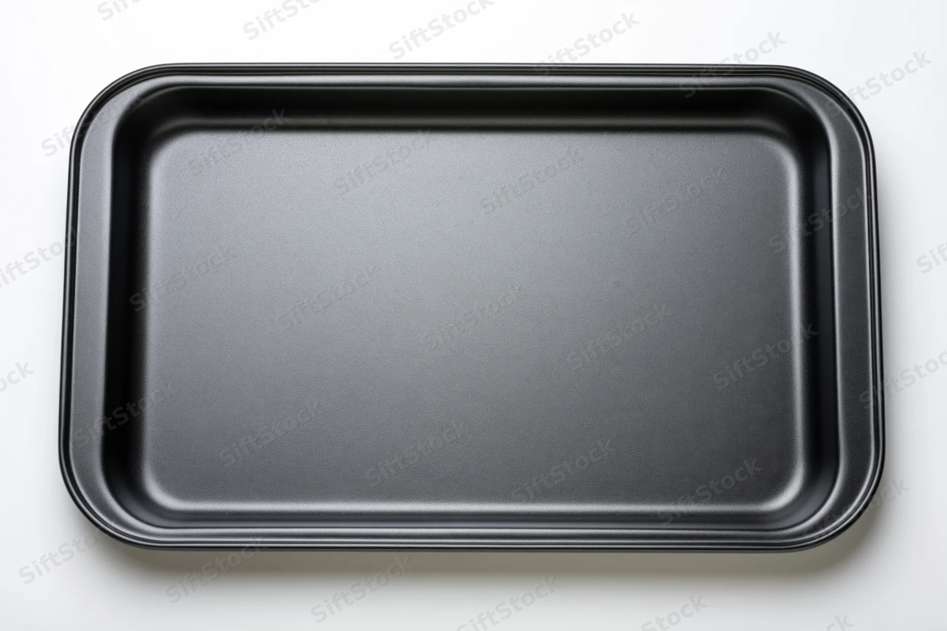 Empty black nonstick baking tray viewed from directly above on white surface