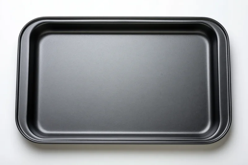 Empty black nonstick baking tray viewed from directly above on white surface