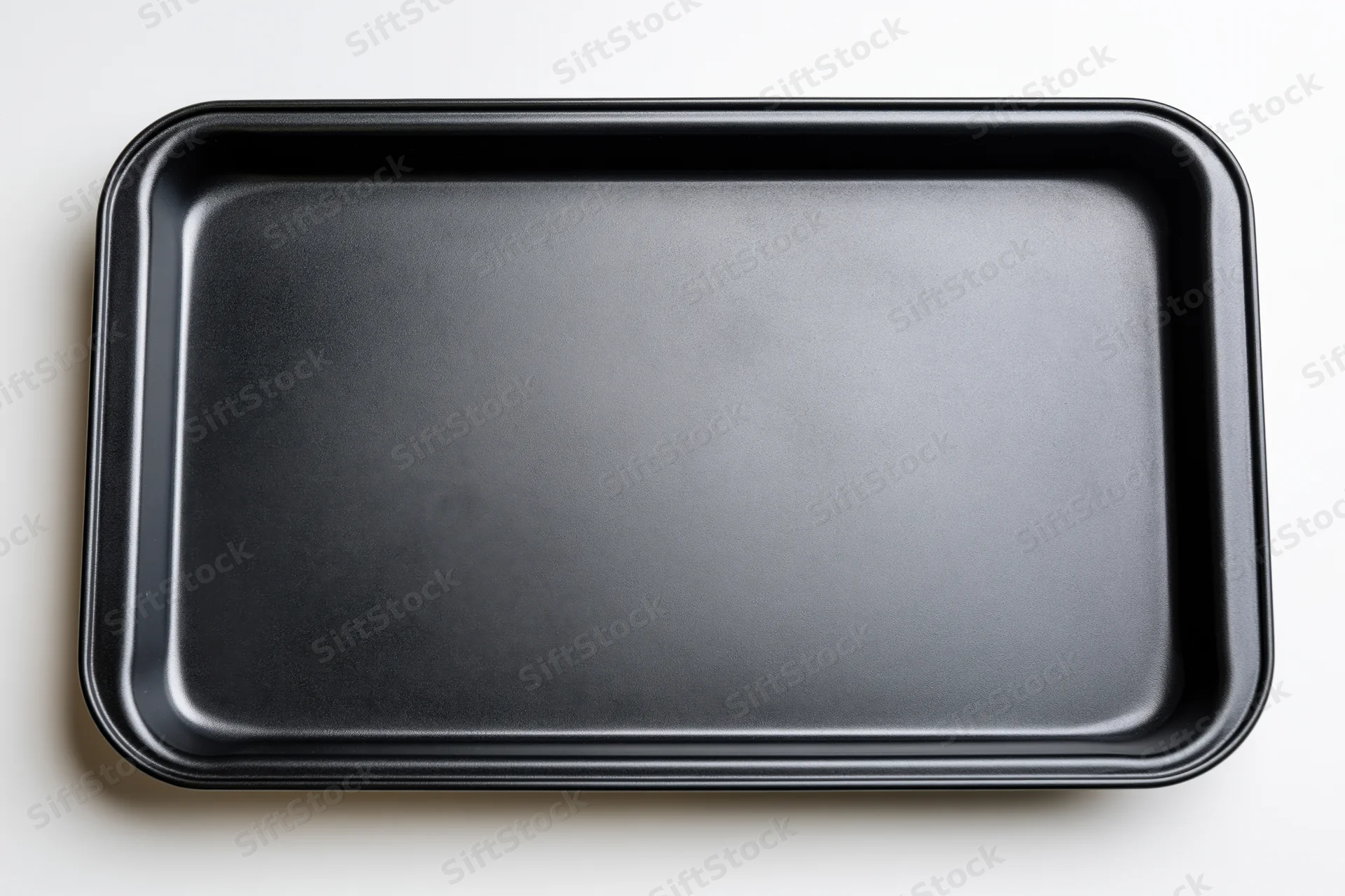 Empty black nonstick baking tray viewed from above on white surface