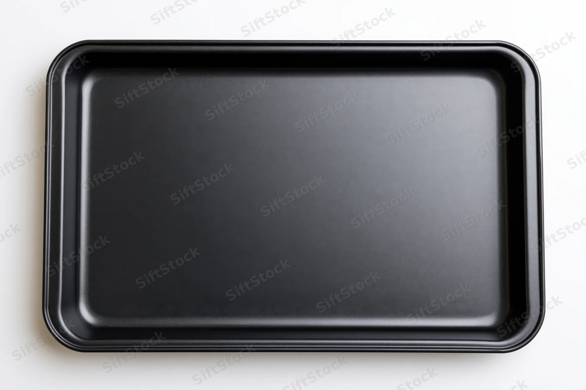 Empty black nonstick baking tray viewed from directly above on white background