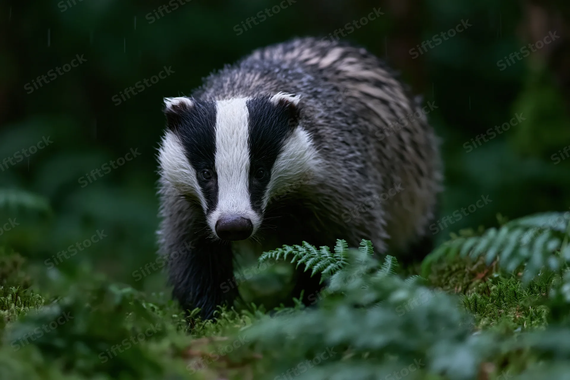 European badger moving low through dense forest undergrowth with moss and ferns