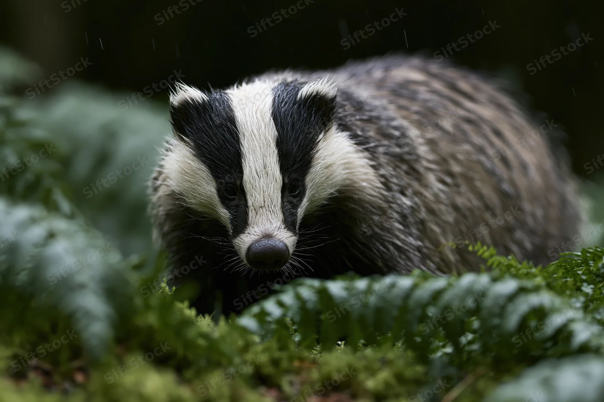 European badger moving low through dense forest undergrowth in rain