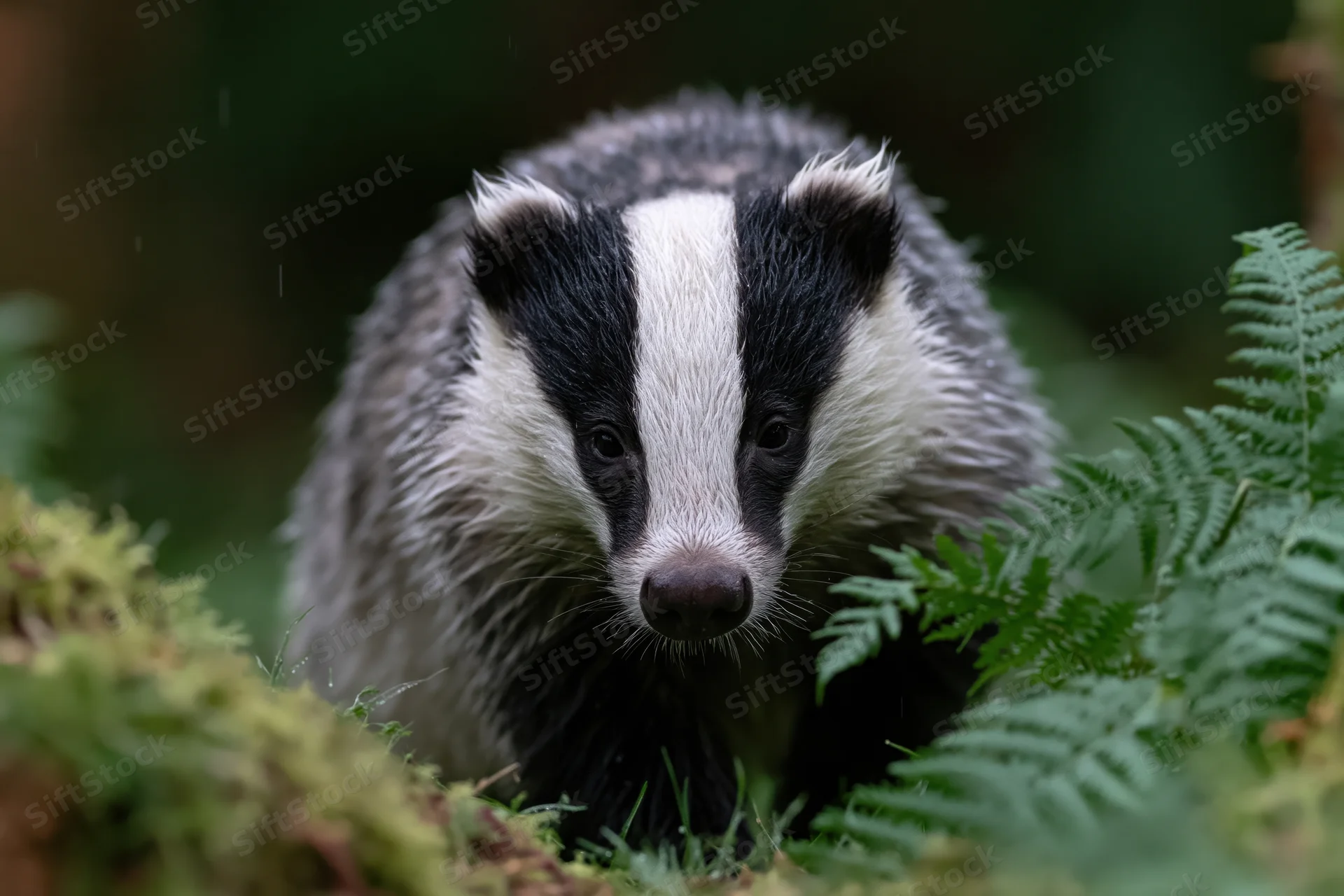 European badger moving low through dense forest undergrowth with ferns and moss