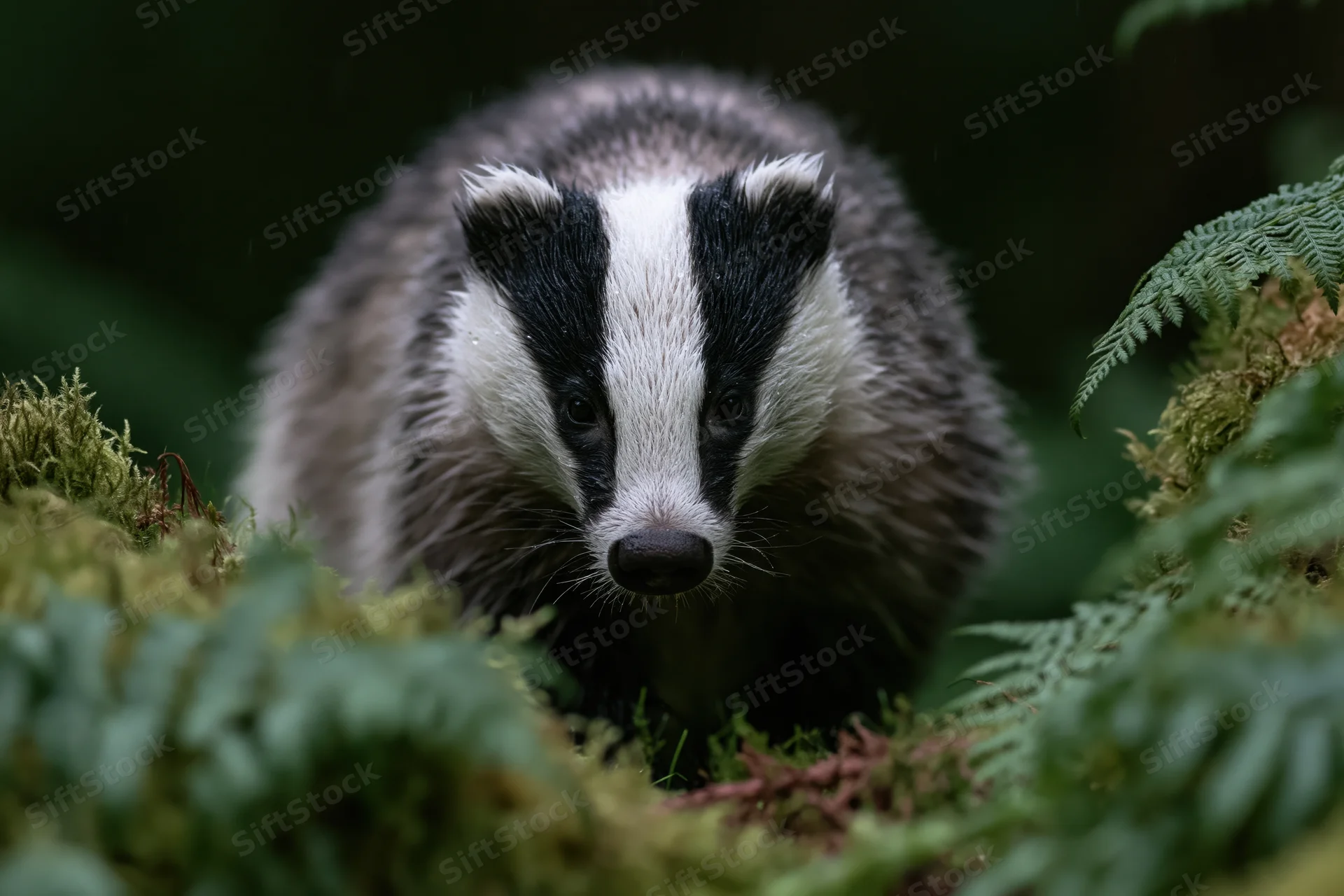 European badger moving low through dense forest undergrowth with moss and ferns