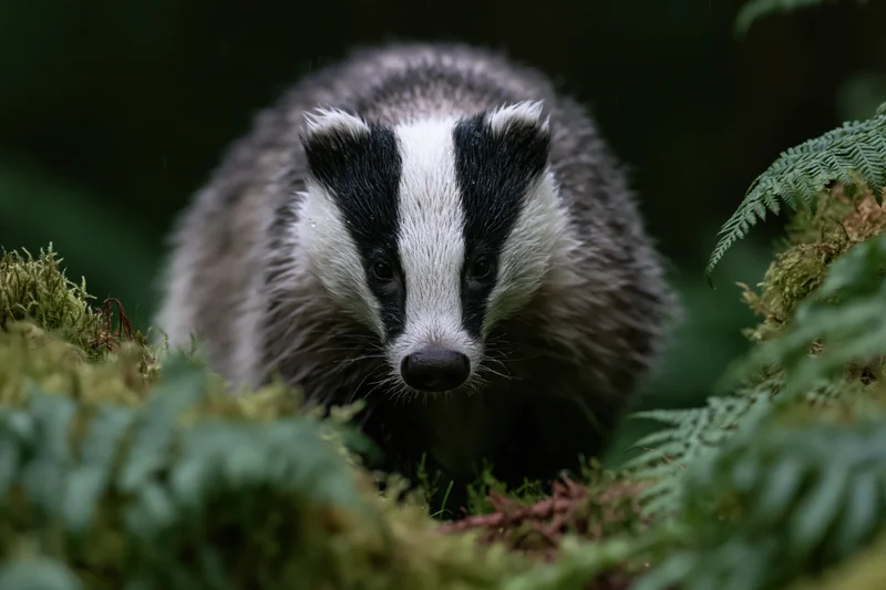 European badger moving low through dense forest undergrowth with moss and ferns