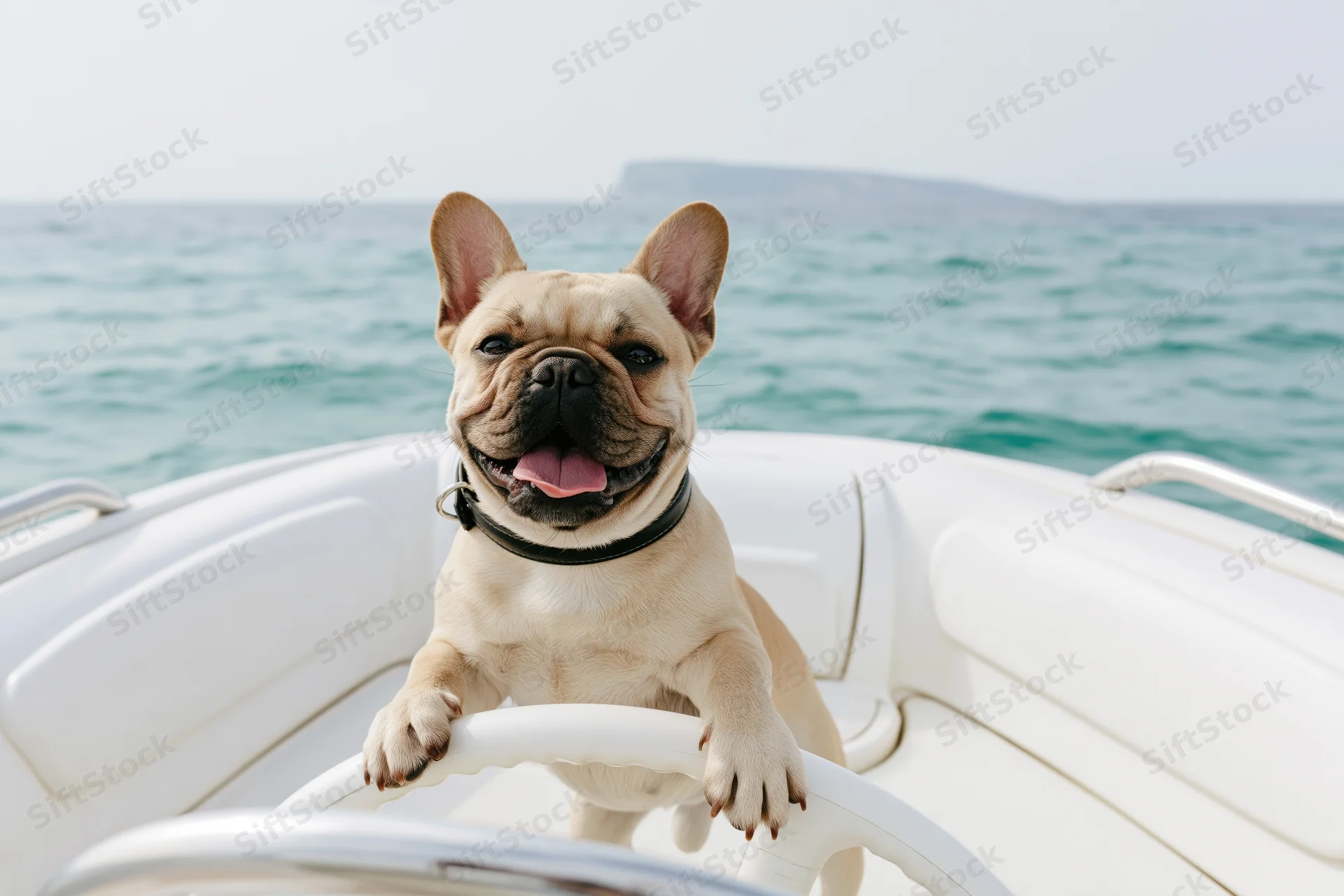 Fawn french bulldog standing at the helm of a white speedboat on the ocean