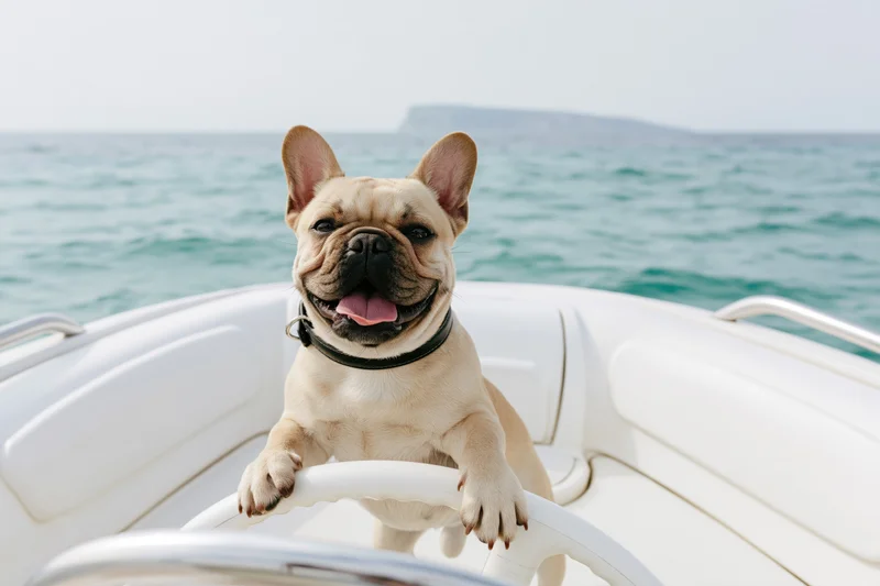 Fawn french bulldog standing at the helm of a white speedboat on the ocean