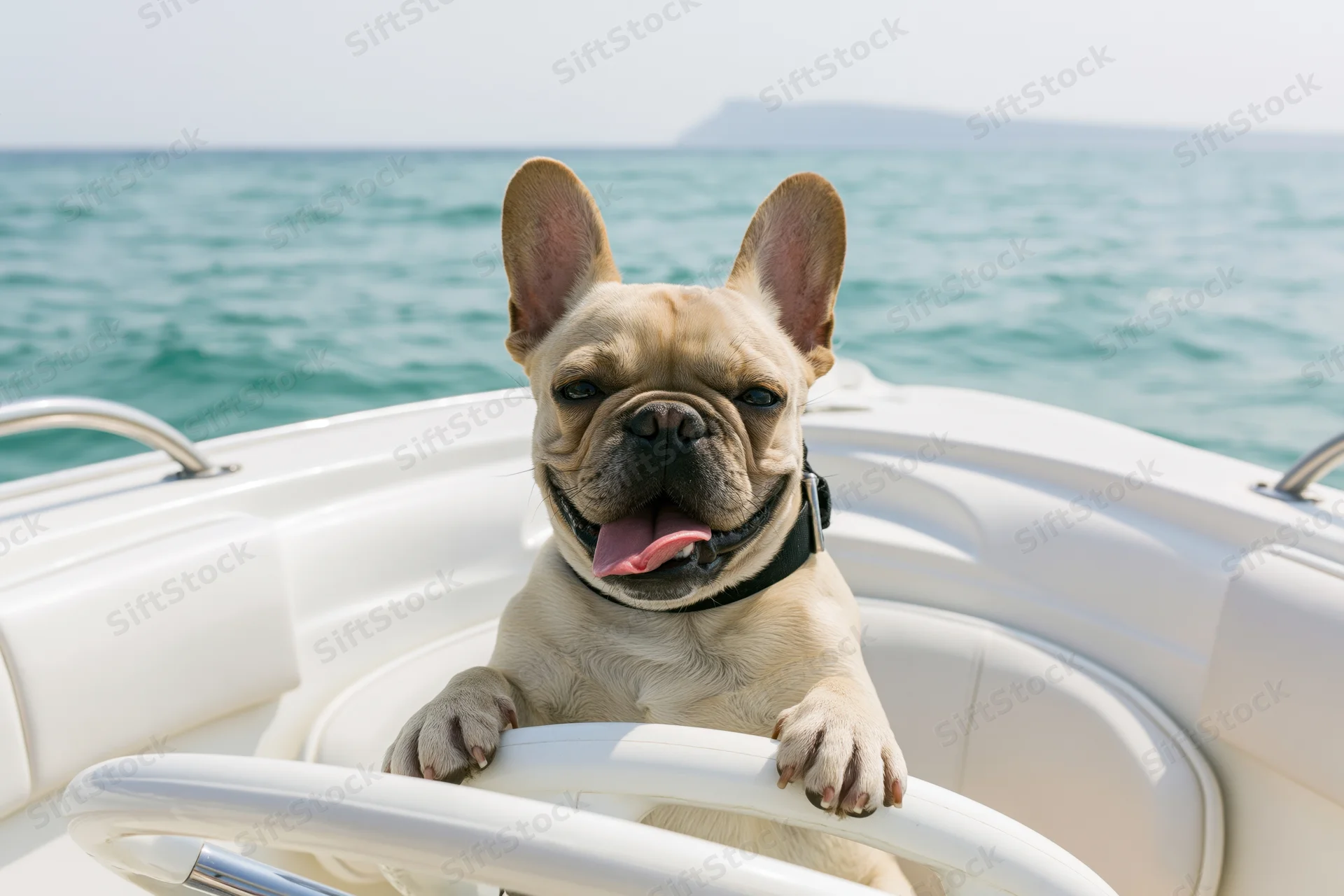 Fawn french bulldog at the helm of a white speedboat on the ocean