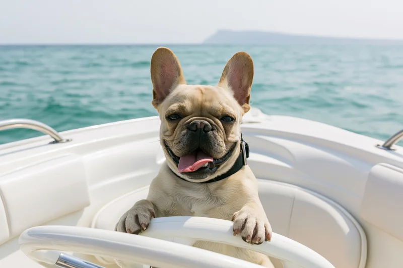 Fawn french bulldog at the helm of a white speedboat on the ocean