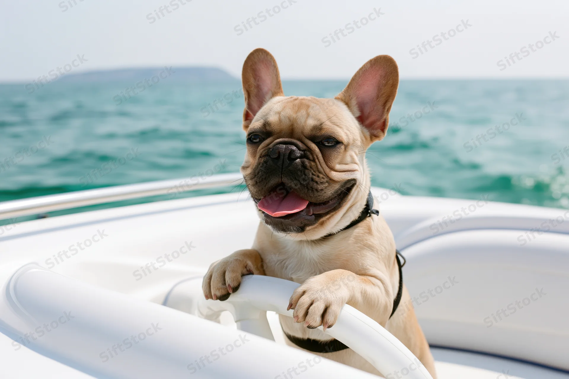 Fawn frenchbulldog at helm of white speedboat on ocean