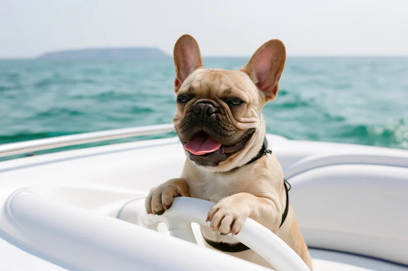 Fawn frenchbulldog at helm of white speedboat on ocean