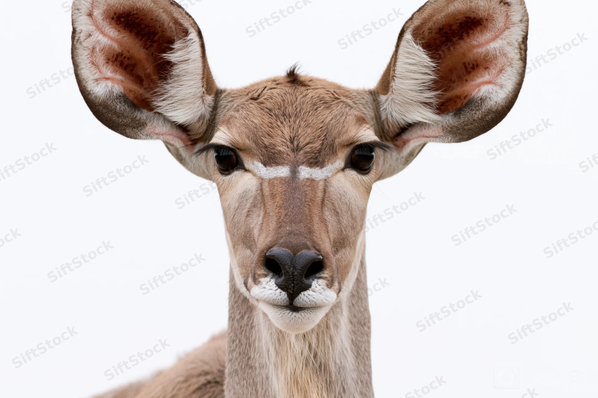 Female kudu antelope facing camera in close-up portrait against white background