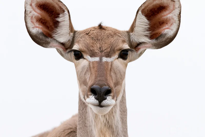 Female kudu antelope facing camera in close-up portrait against white background