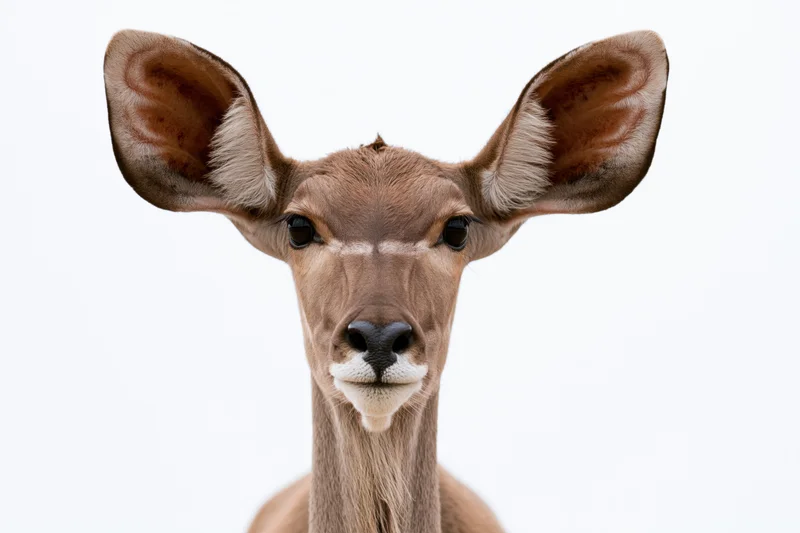 Female kudu antelope facing camera in close-up portrait against white background