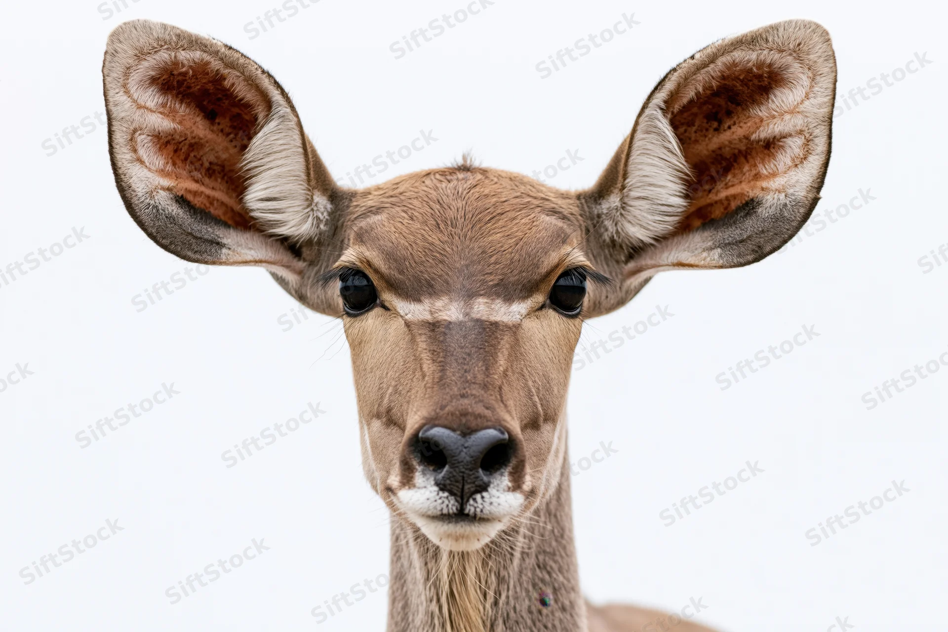Female greater kudu antelope facing camera in close-up portrait against white background