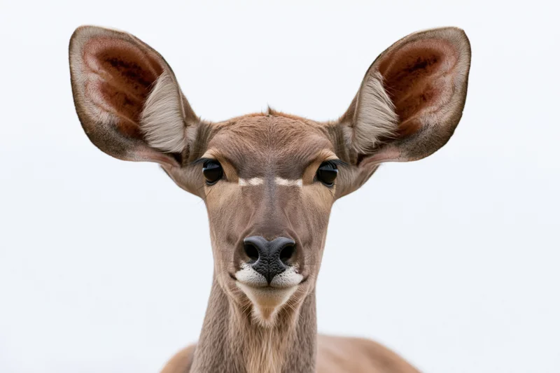 Female kudu antelope facing camera in close-up portrait against white background