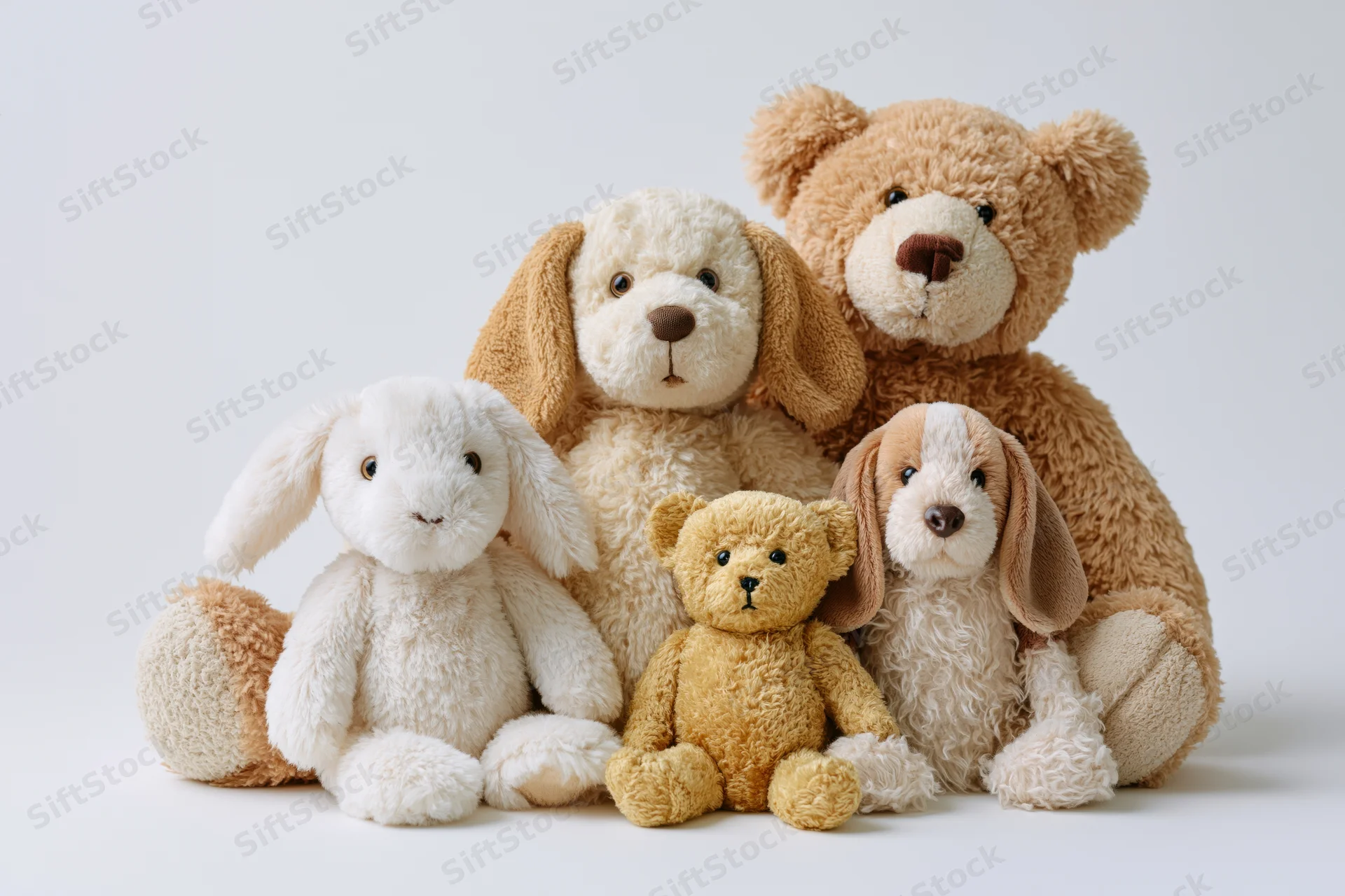 Group of plush stuffed animals including teddy bears, bunnies and dogs arranged together on white background