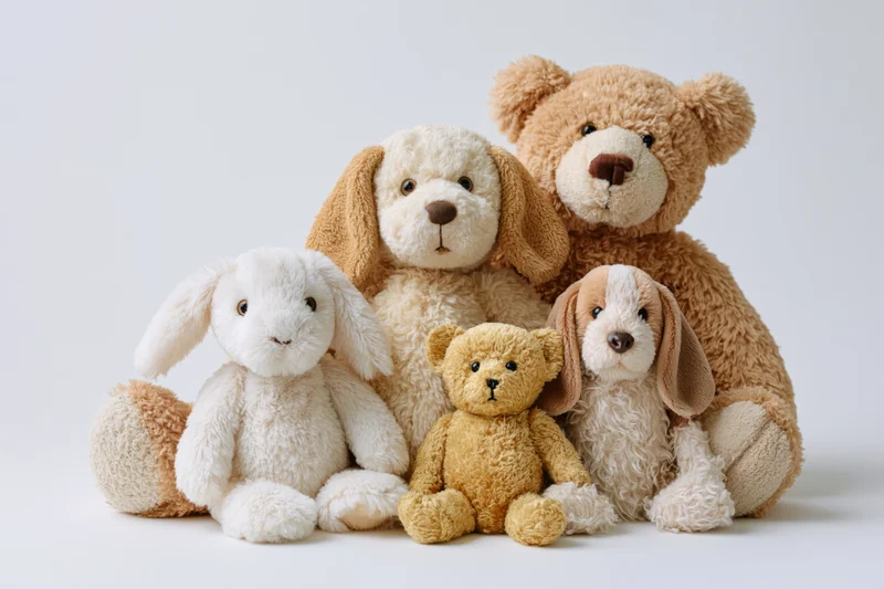 Group of plush stuffed animals including teddy bears, bunnies and dogs arranged together on white background