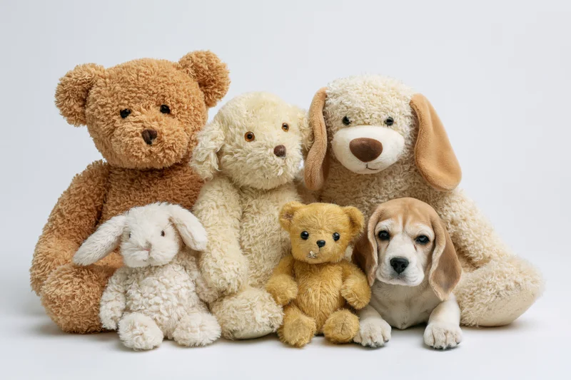 Group of plush stuffed animals including teddy bears, a dog, and a rabbit arranged together on a white background