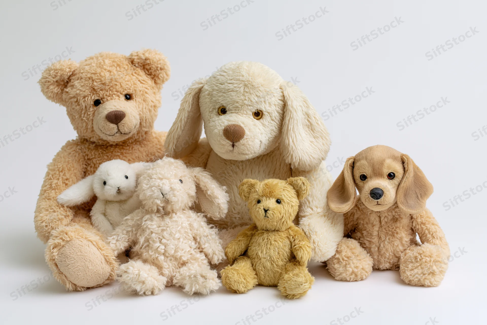 Group of plush stuffed animals including teddy bears, dogs, and rabbits arranged together on white background