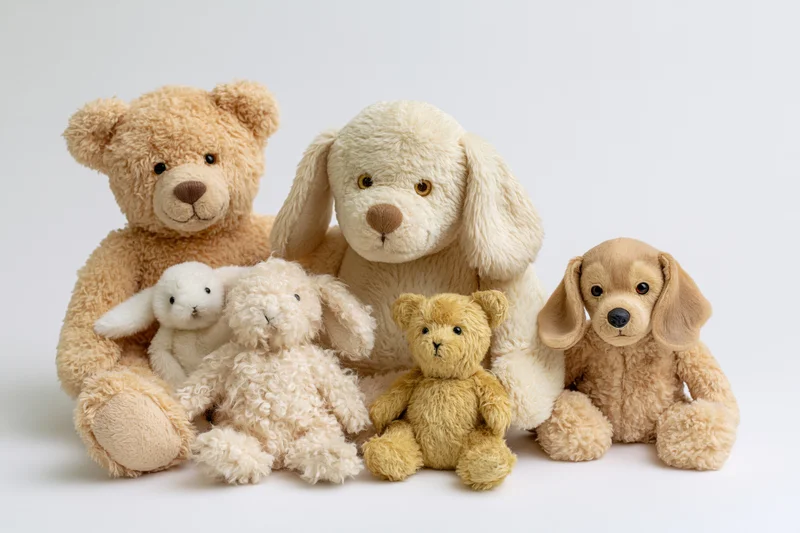Group of plush stuffed animals including teddy bears, dogs, and rabbits arranged together on white background